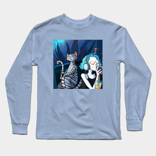 Blue Haired Girl Enjoys Music and Drink with Suspicious Cat Long Sleeve T-Shirt by Star Scrunch